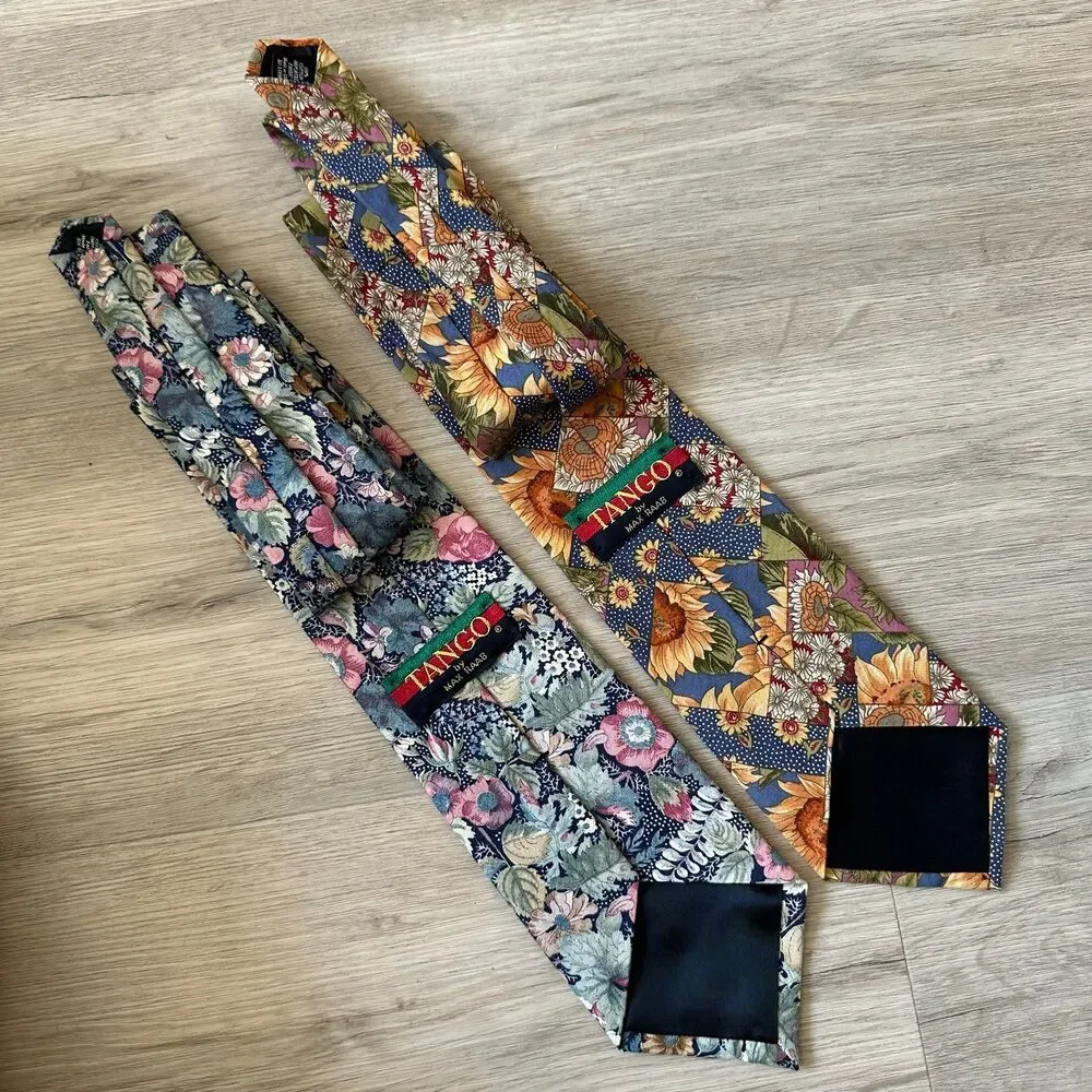 Vintage Y2K Tango Max Raab Woven Cotton Floral Print Ties (2) Made in USA